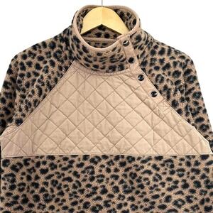 Abercrombie & Fitch Leopard Sherpa Snap Fleece Pullover Brown Quilted Sz Large
